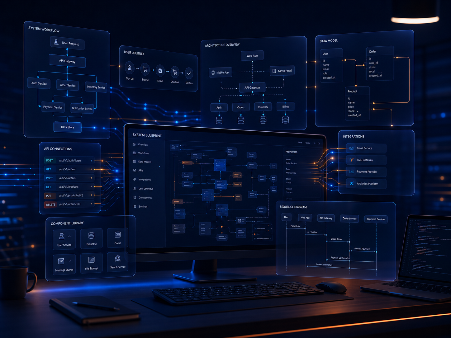 System architecture workspace representing LogicAide insights on software design, integrations, data, and technical systems