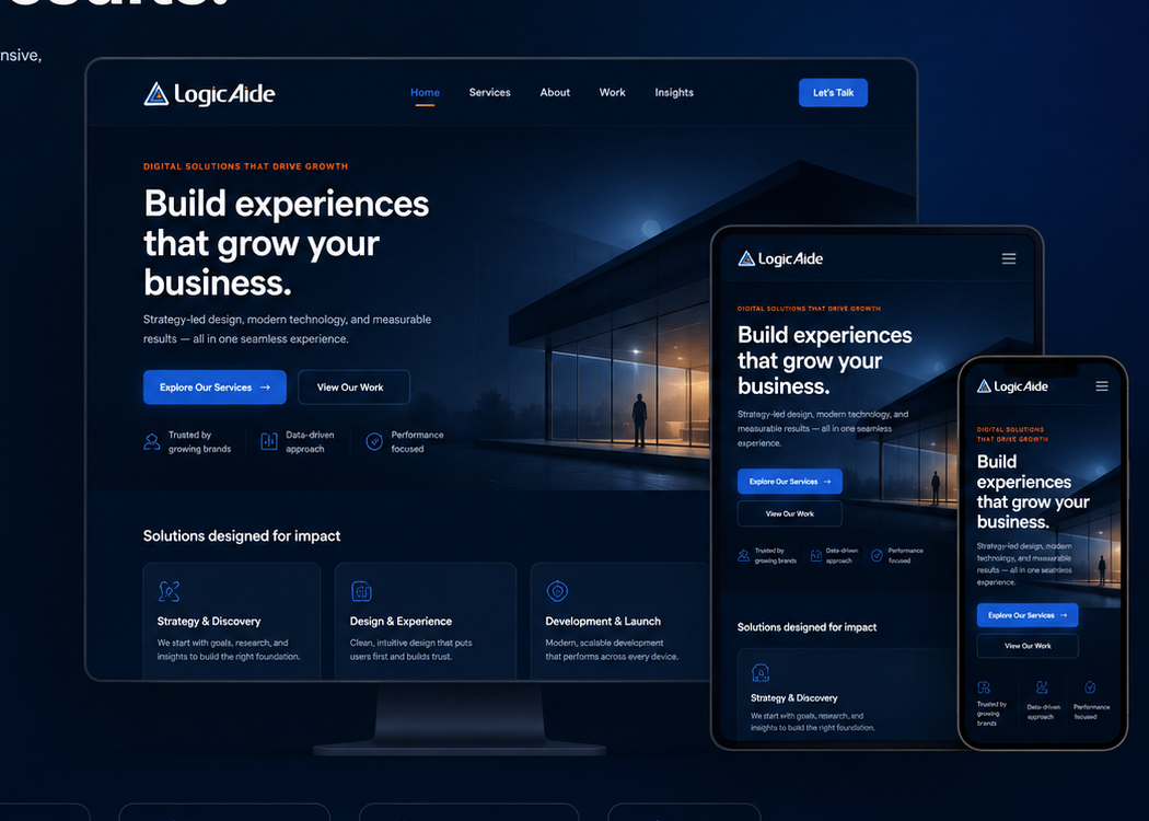 Modern responsive website shown across desktop, tablet, and mobile devices, illustrating user-friendly design and consistent cross-device experience.