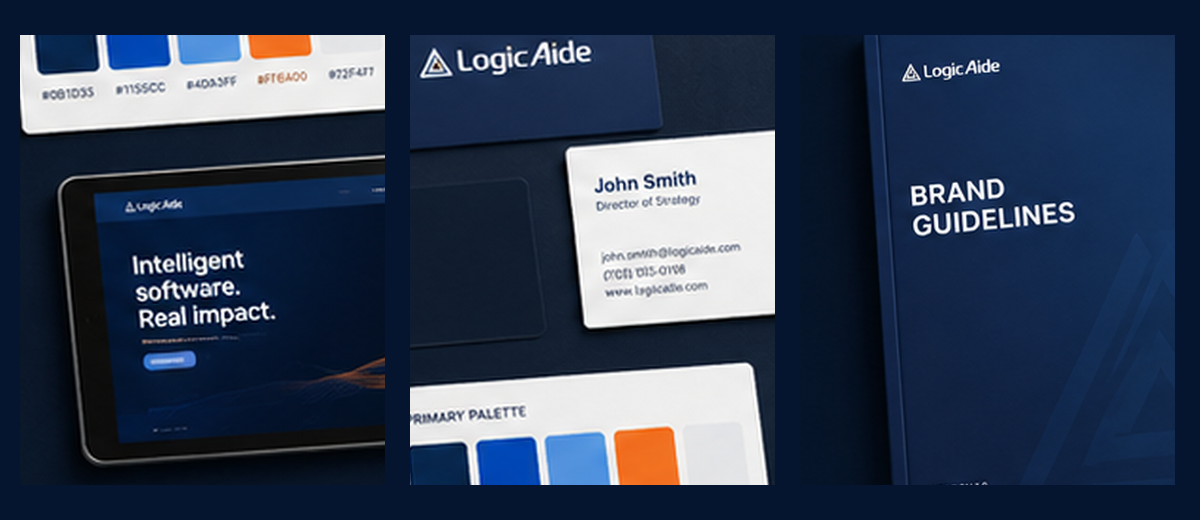Brand identity applications across digital experience, business materials, and branded communication touchpoints.