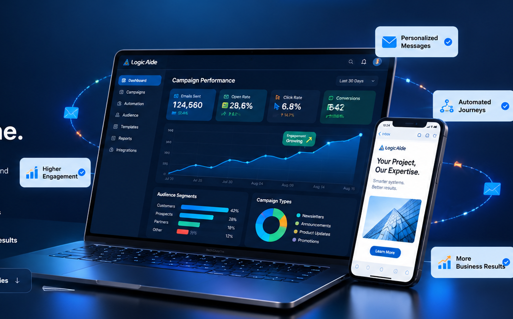 Email marketing performance dashboard on laptop and mobile devices showing campaign engagement, audience segments, automated journeys, personalized messaging, and business results.
