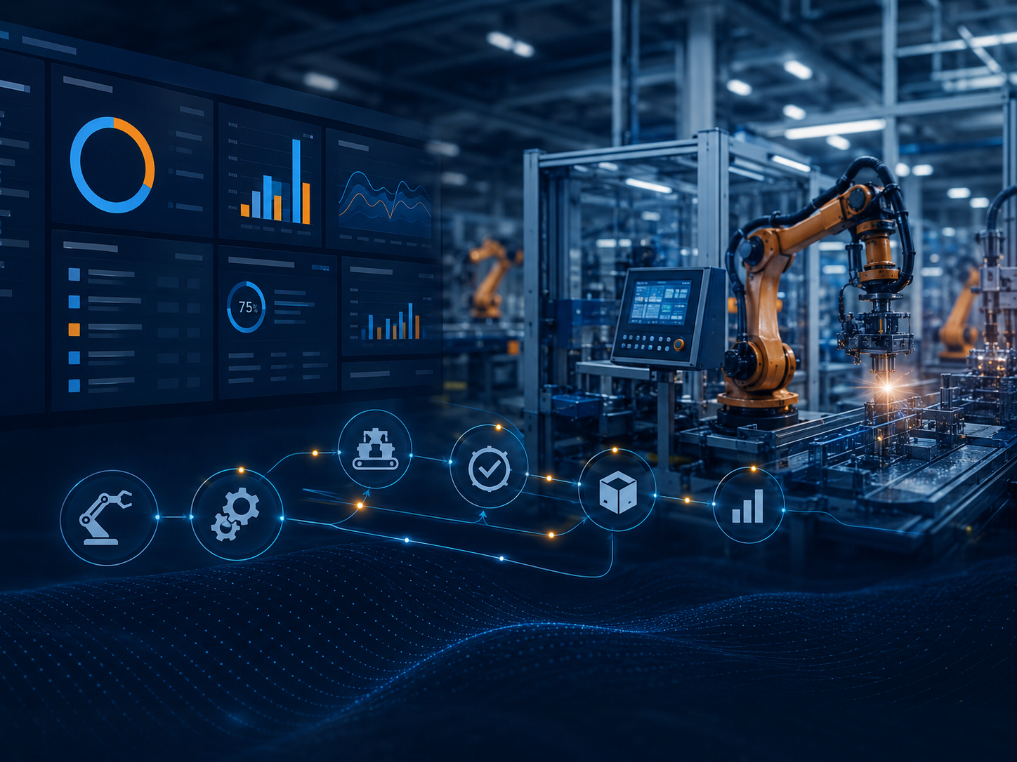Factory automation control dashboard with connected equipment, process data, and technical monitoring