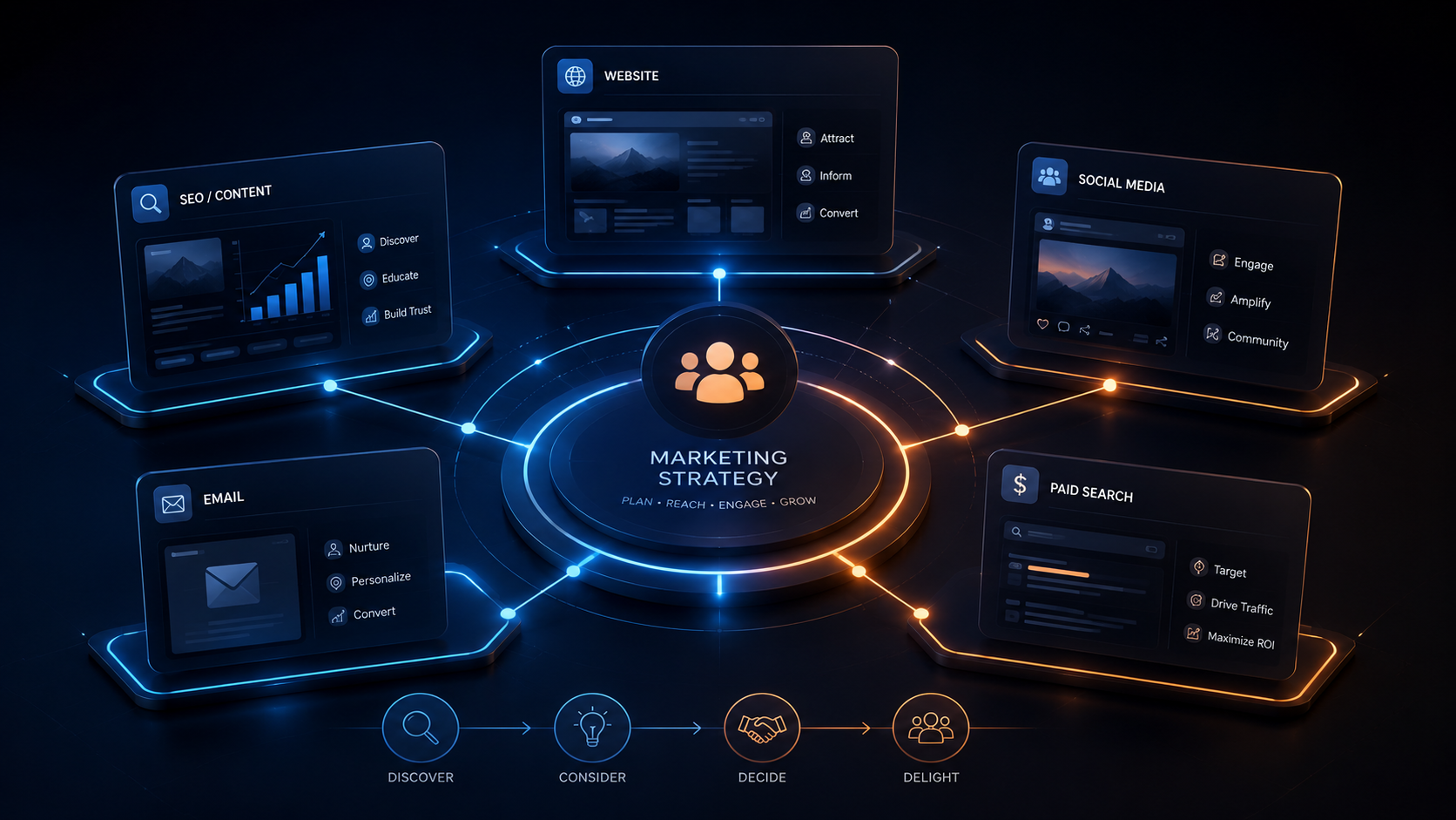 Marketing strategy hub connecting website, SEO and content, social media, email, and paid search around the customer journey