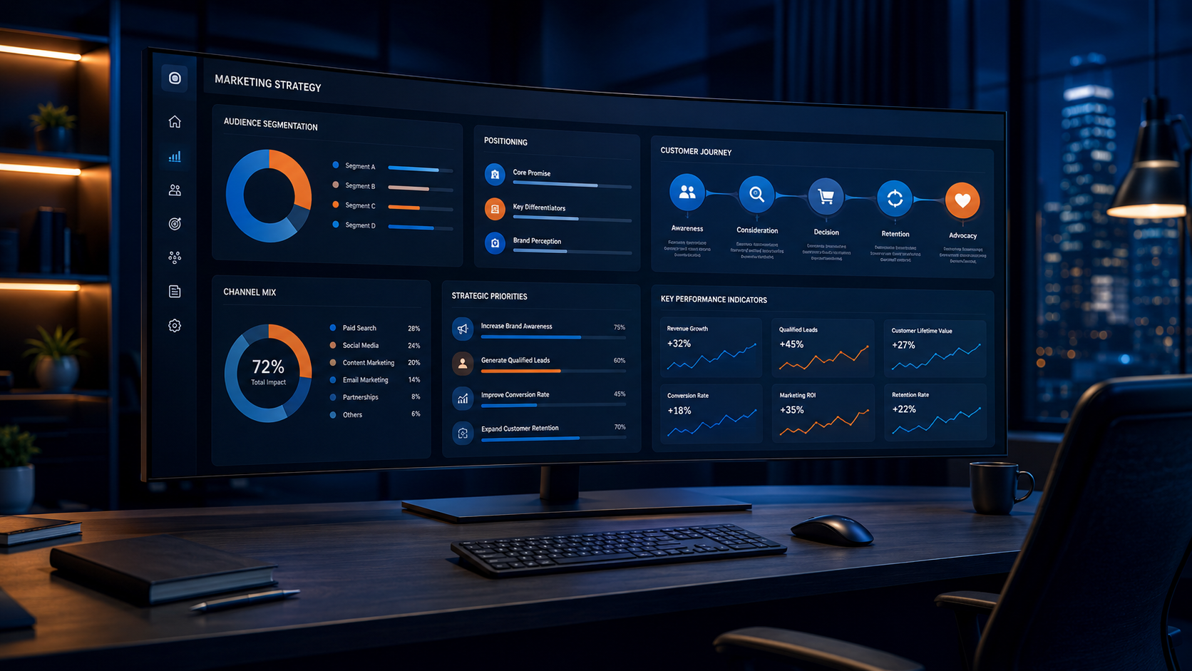 Professional marketing strategy command center showing audience segmentation, positioning, customer journey, channel mix, strategic priorities, and performance indicators