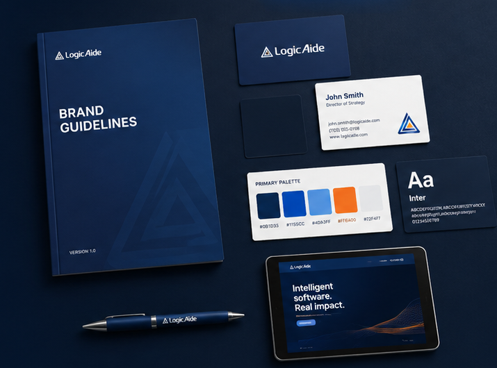 Professional LogicAide visual identity system with brand guidelines, color palette, typography, business cards, digital application, and branded materials.